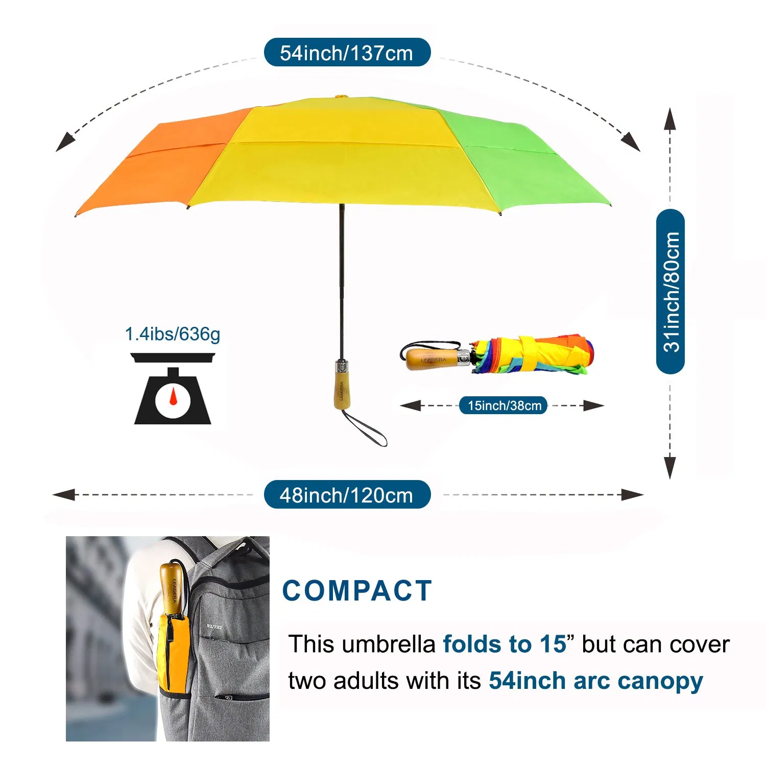 custom double layer windproof automatic fold rainbow golf umbrella with wooden handle
