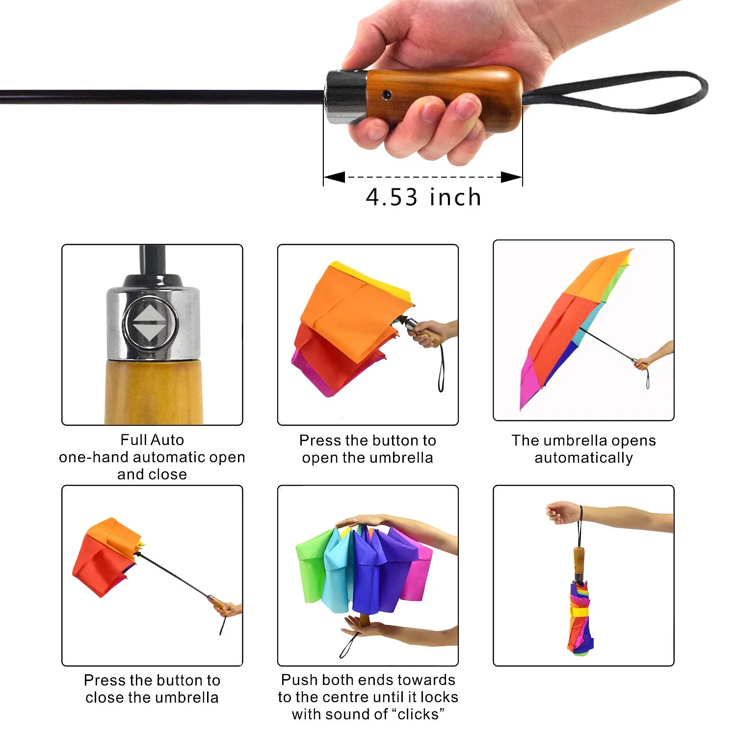 custom double layer windproof automatic fold rainbow golf umbrella with wooden handle