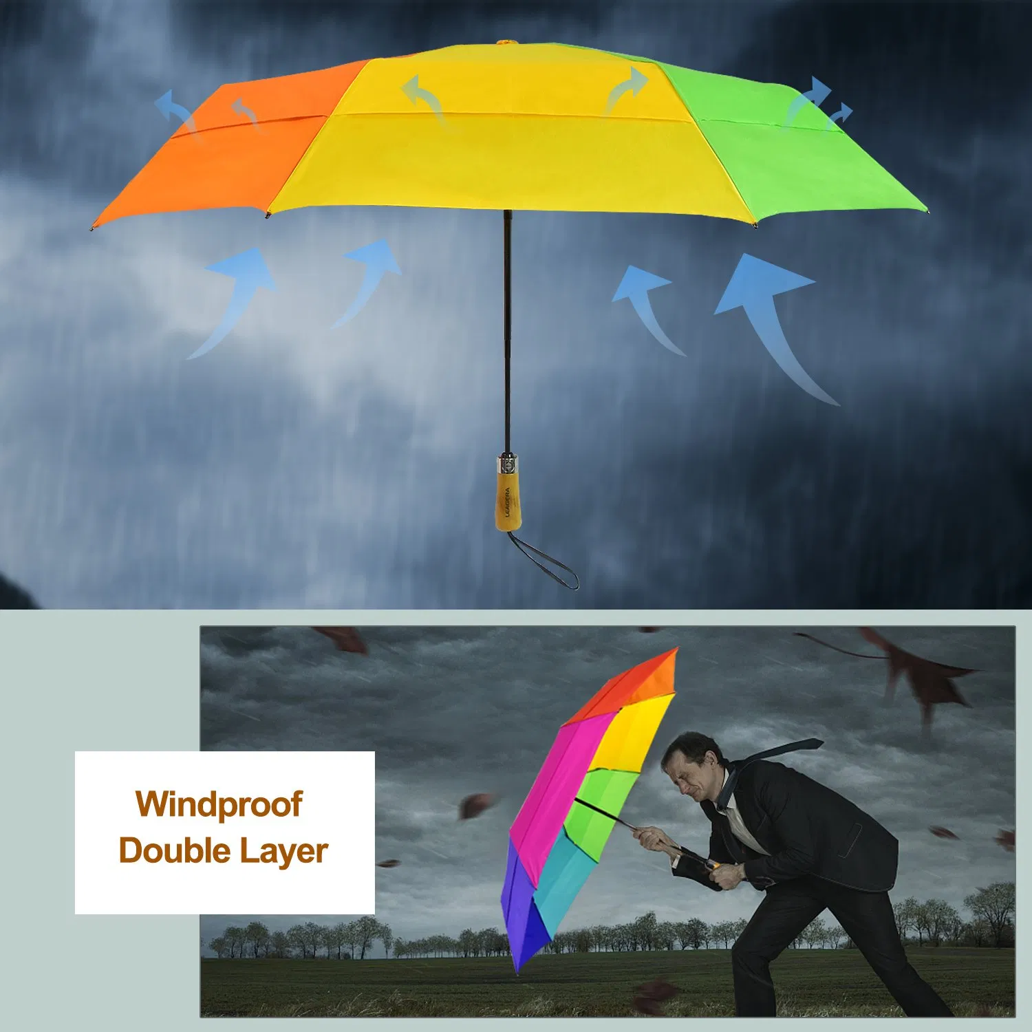 custom double layer windproof automatic fold rainbow golf umbrella with wooden handle