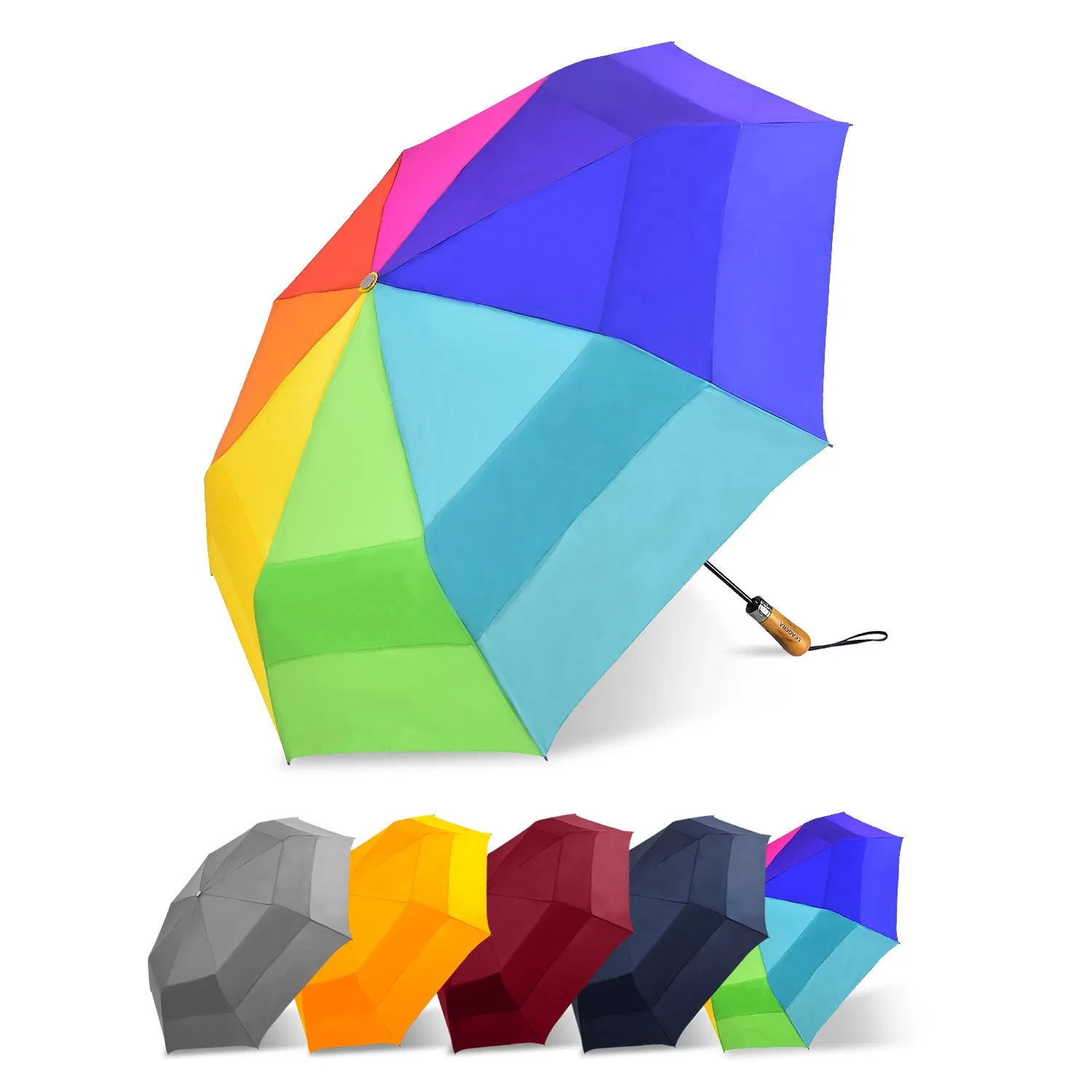 custom double layer windproof automatic fold rainbow golf umbrella with wooden handle