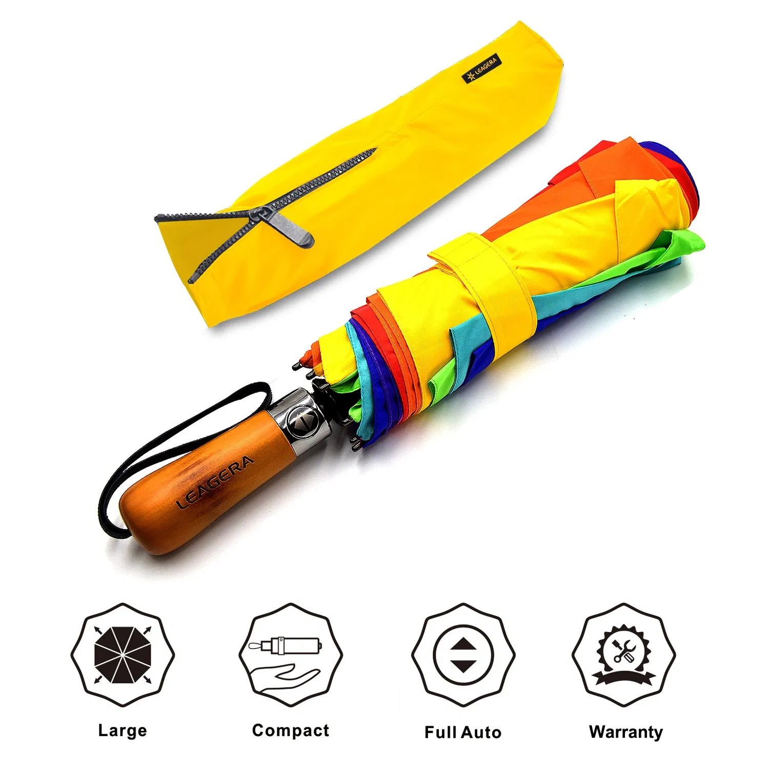 custom double layer windproof automatic fold rainbow golf umbrella with wooden handle