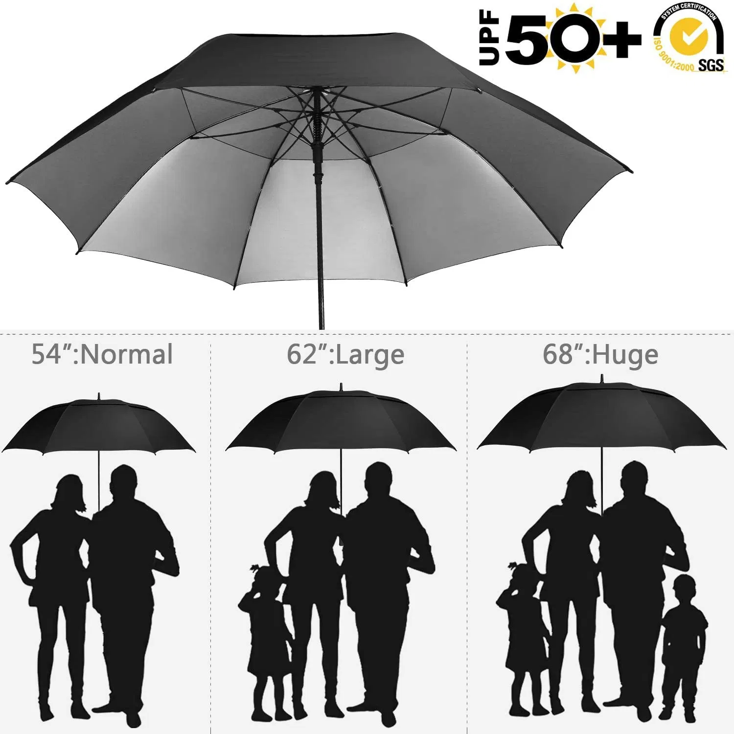 custom logo windproof golf umbrella with double layer silver fabric