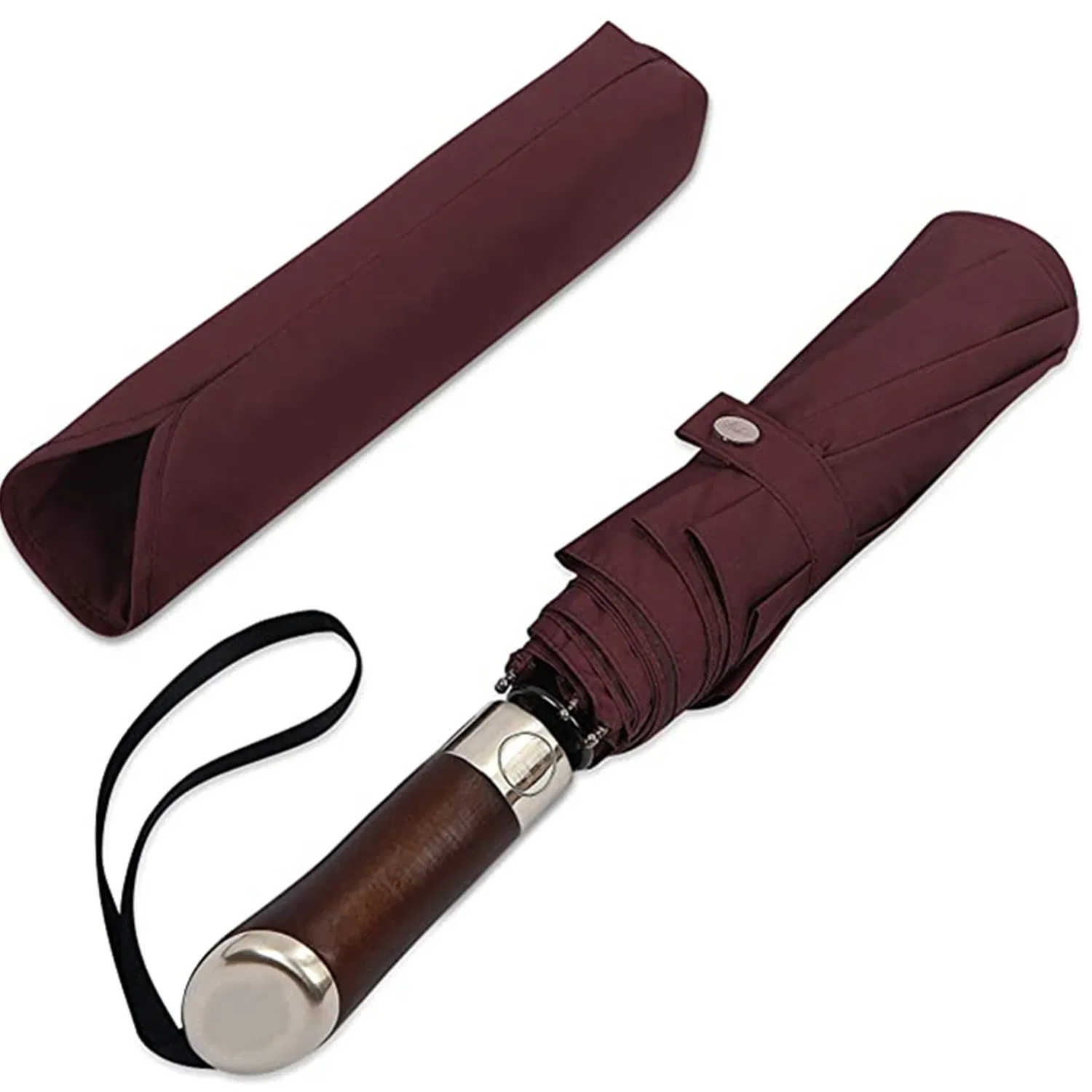 compact automatic travel umbrella with black leather handle for camping