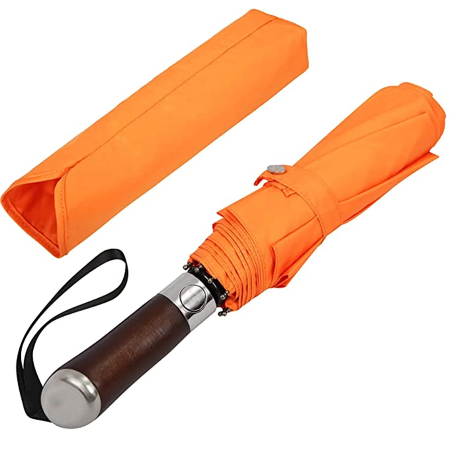 compact automatic travel umbrella with black leather handle for camping