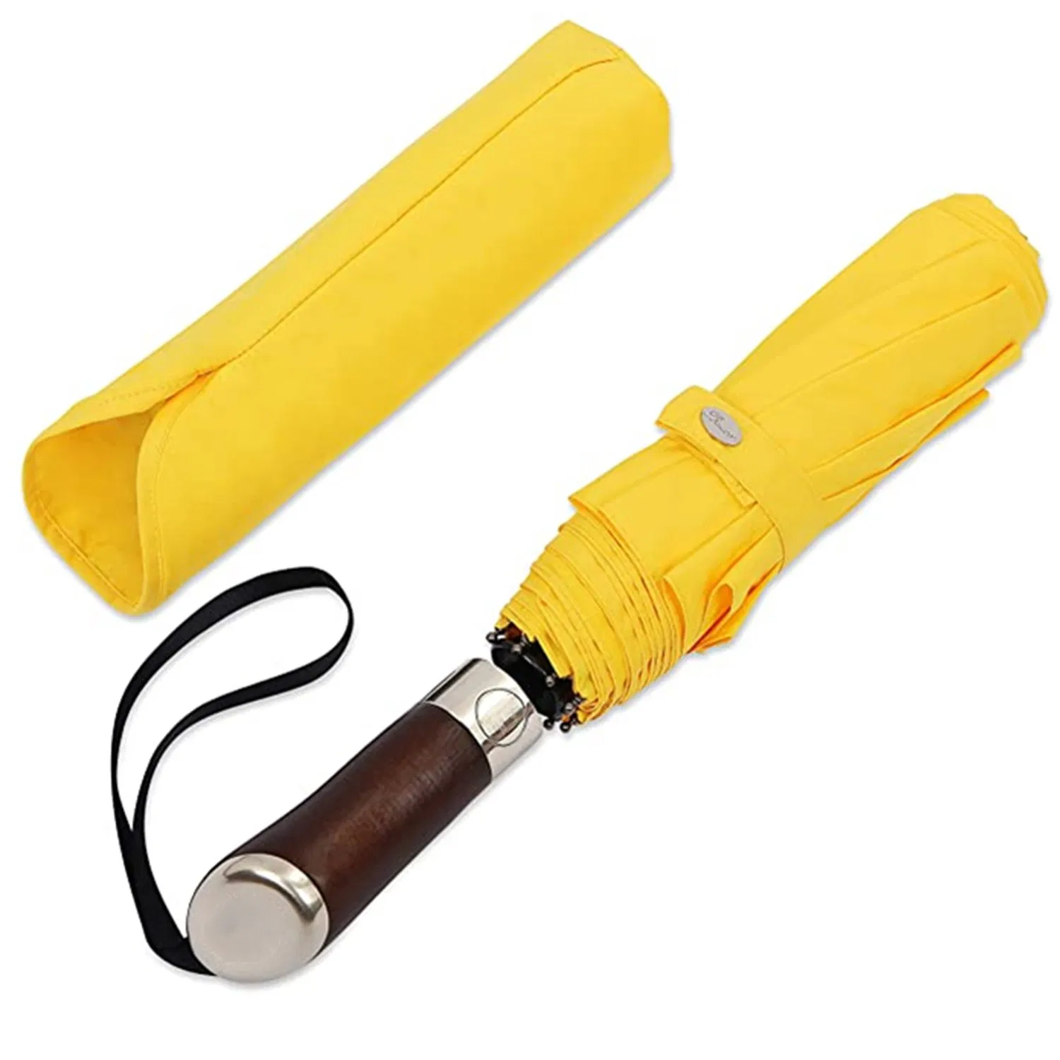 compact automatic travel umbrella with black leather handle for camping