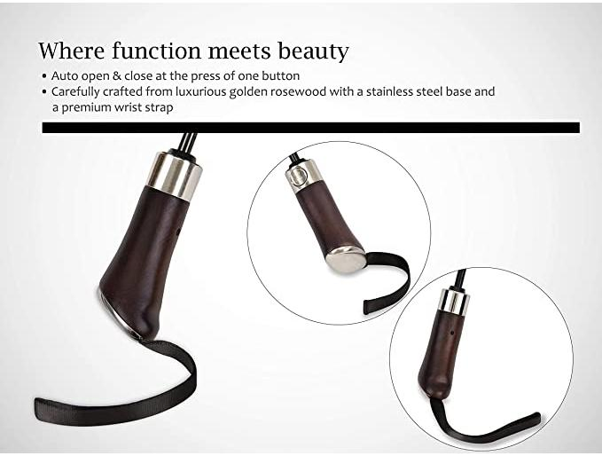 compact automatic travel umbrella with black leather handle for camping