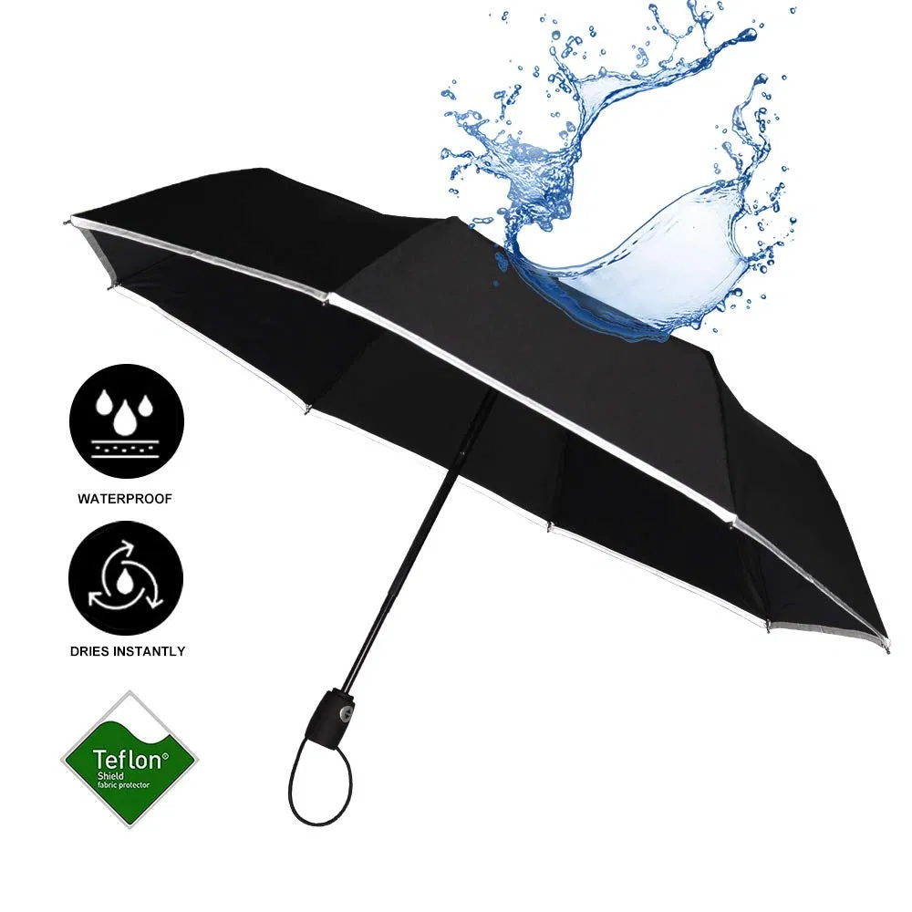 auto open 3 fold black rain umbrella with piping