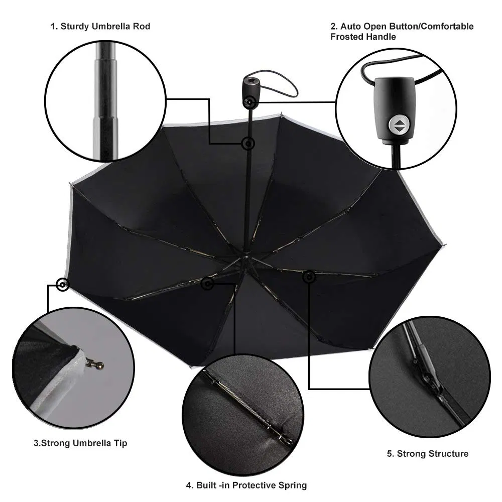 auto open 3 fold black rain umbrella with piping